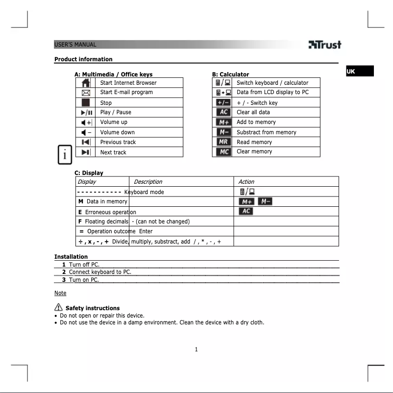 Page 1 de la notice Manuel utilisateur Trust XpertTouch KB-1600