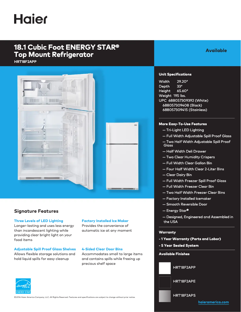 Page 1 de la notice Fiche technique Haier HRT18F2APP