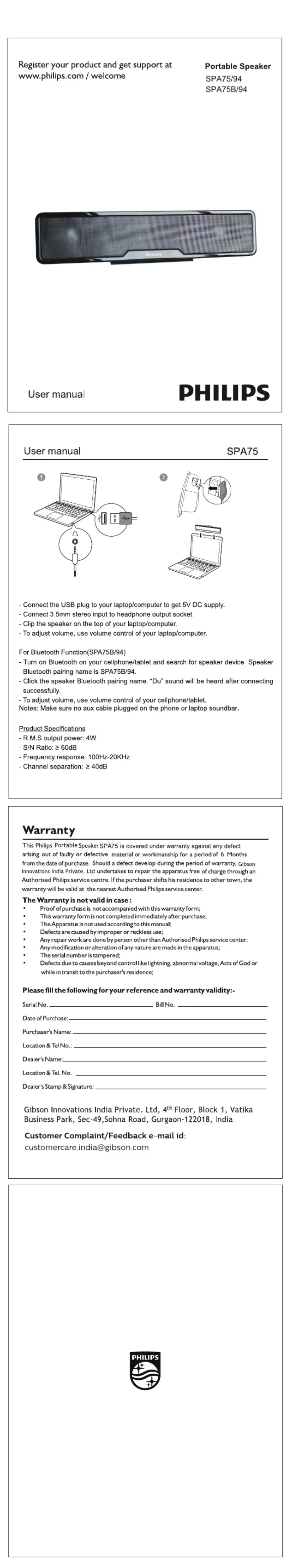 Page 1 de la notice Manuel utilisateur Philips SPA75
