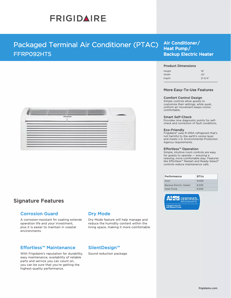Página 1 del manual Ficha técnica Frigidaire FFRP092HT6