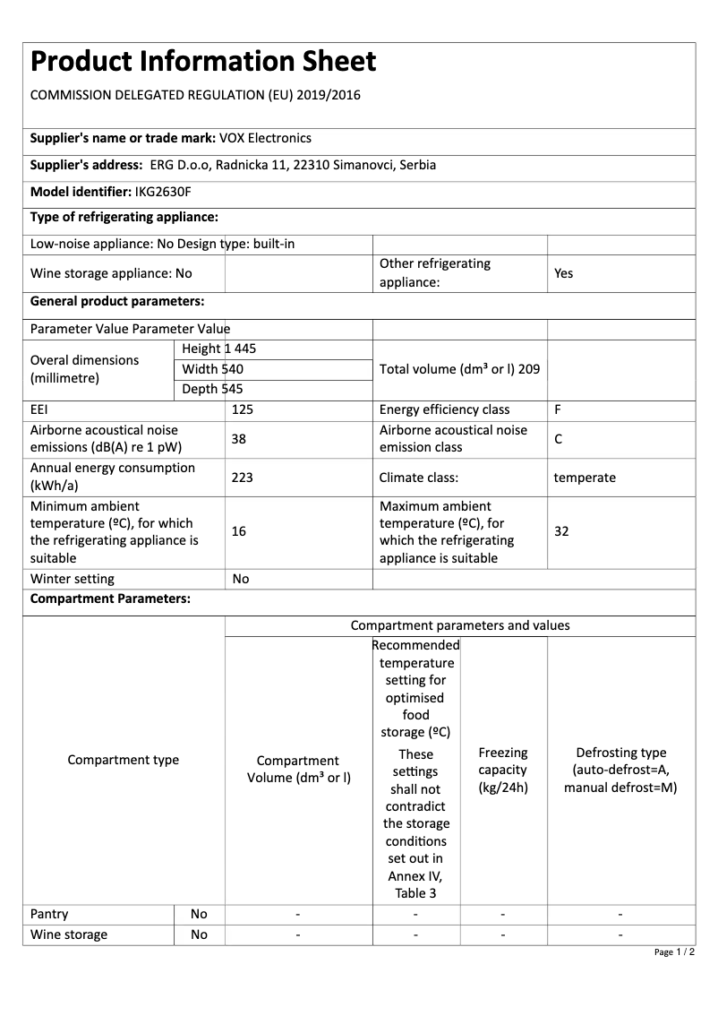 Página 1 del manual Ficha técnica VOX IKG 2630F
