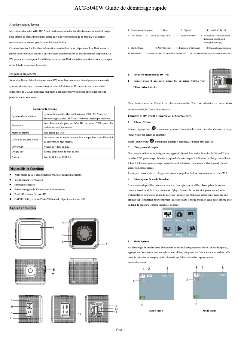 Page 1 de la notice Manuel utilisateur Denver ACT-5040W