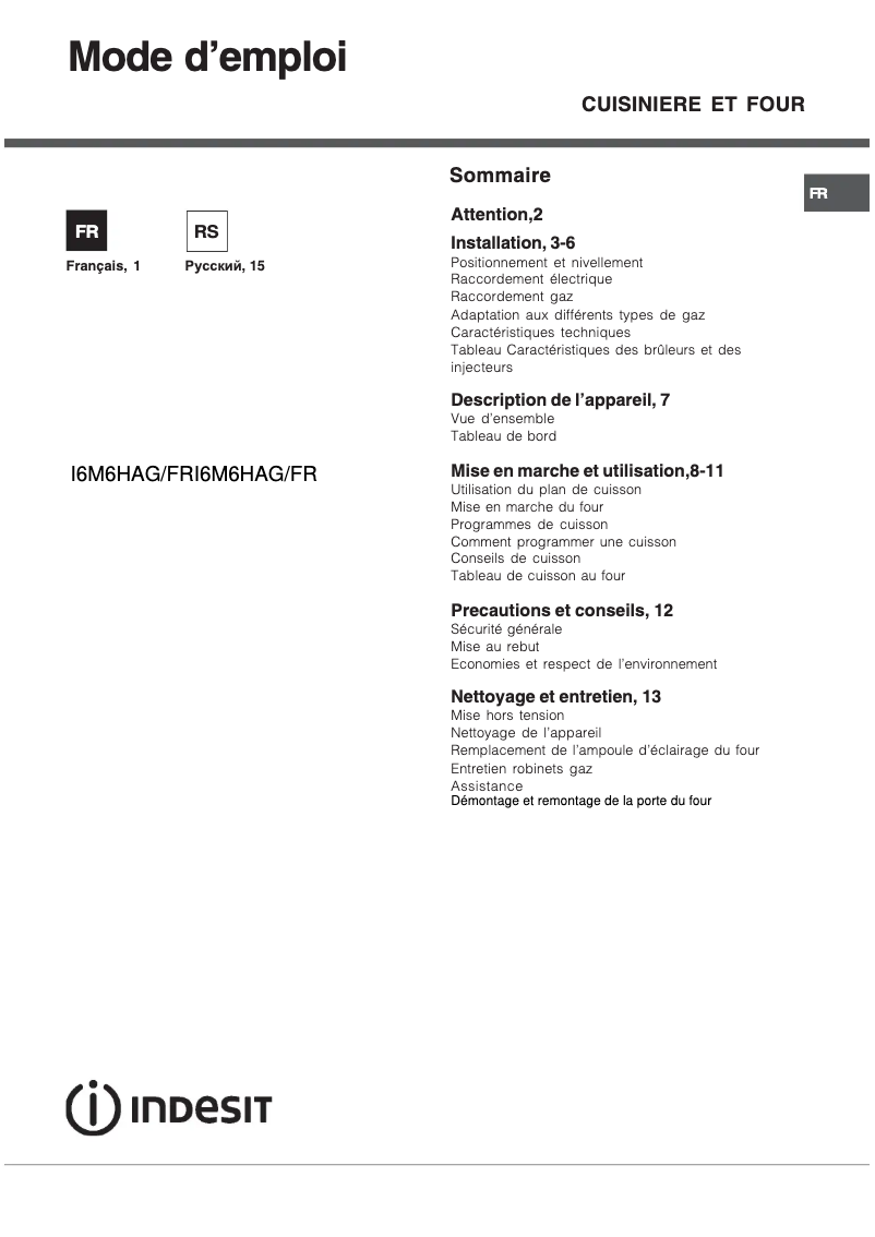 Image de la première page du manuel de l'appareil I6M6HAG(X) FR