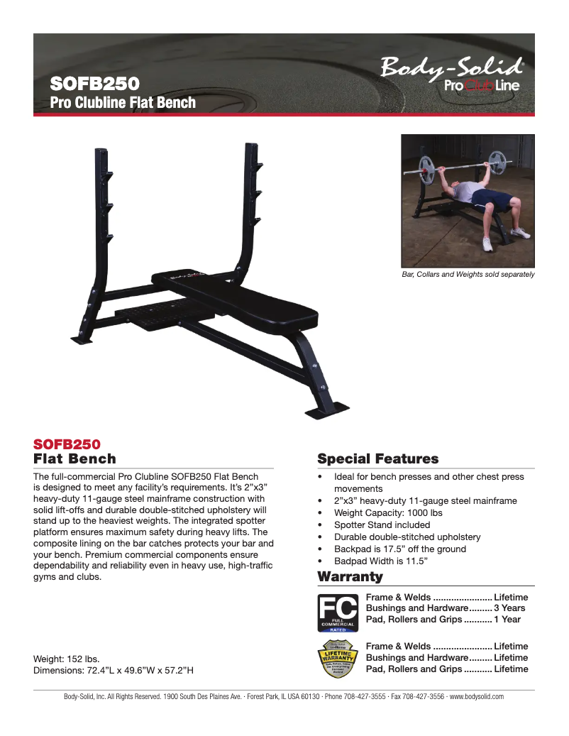 Page 1 de la notice Fiche technique Body-Solid SOFB250