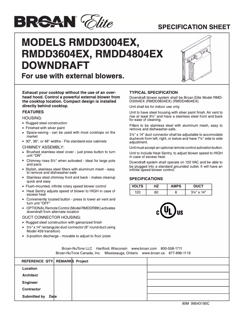 Page 1 de la notice Fiche technique Broan RMDD3604EX