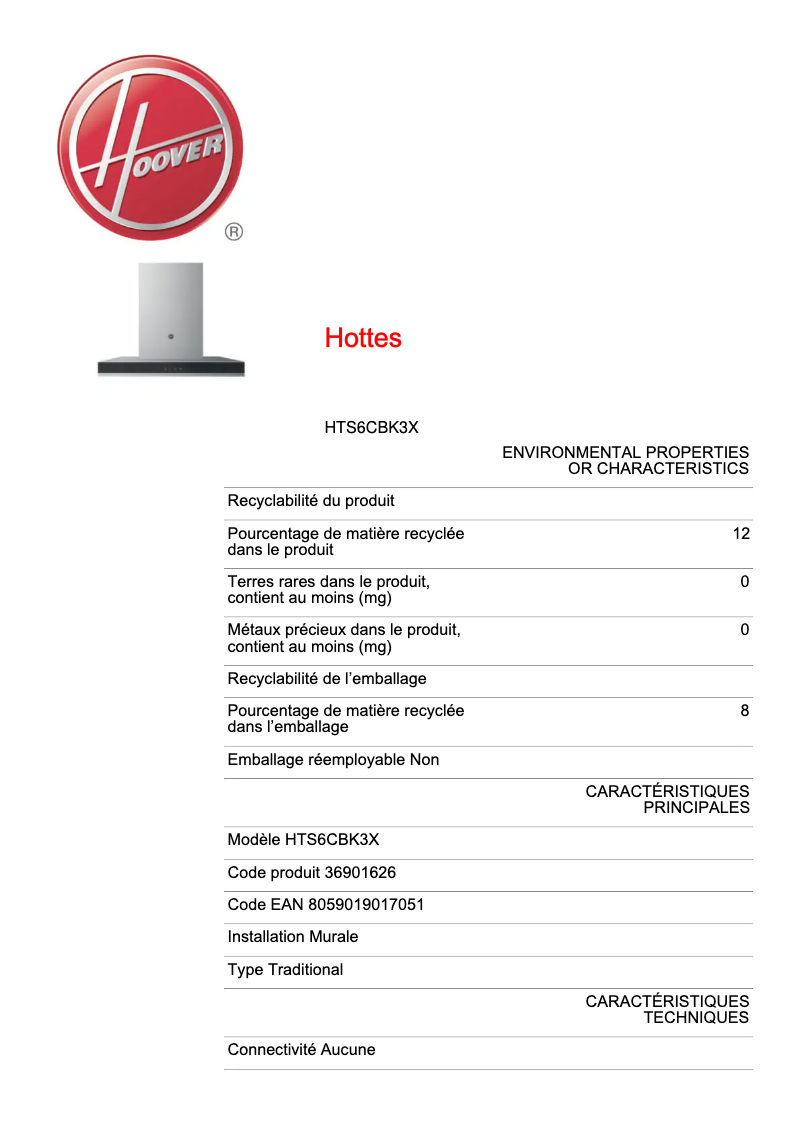 Page 1 de la notice Fiche technique Hoover H-HOOD 300 HTS6CBK3X