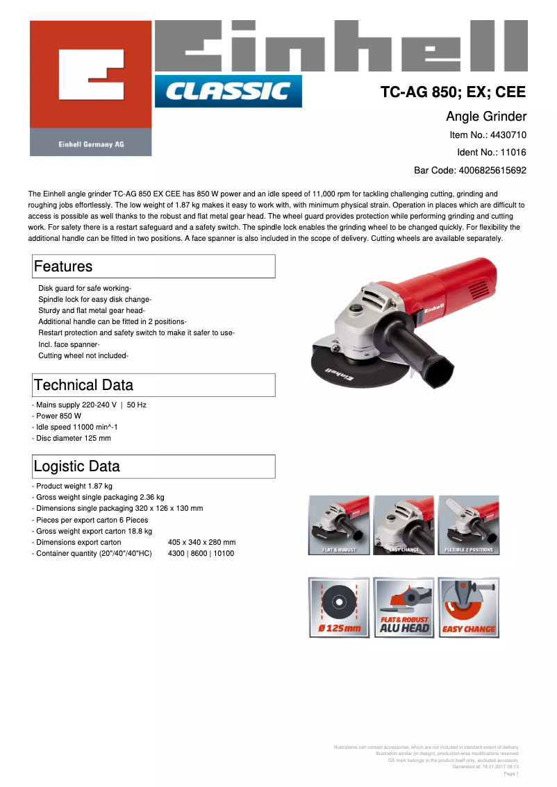 Página 1 del manual Ficha técnica Einhell TC-AG 850