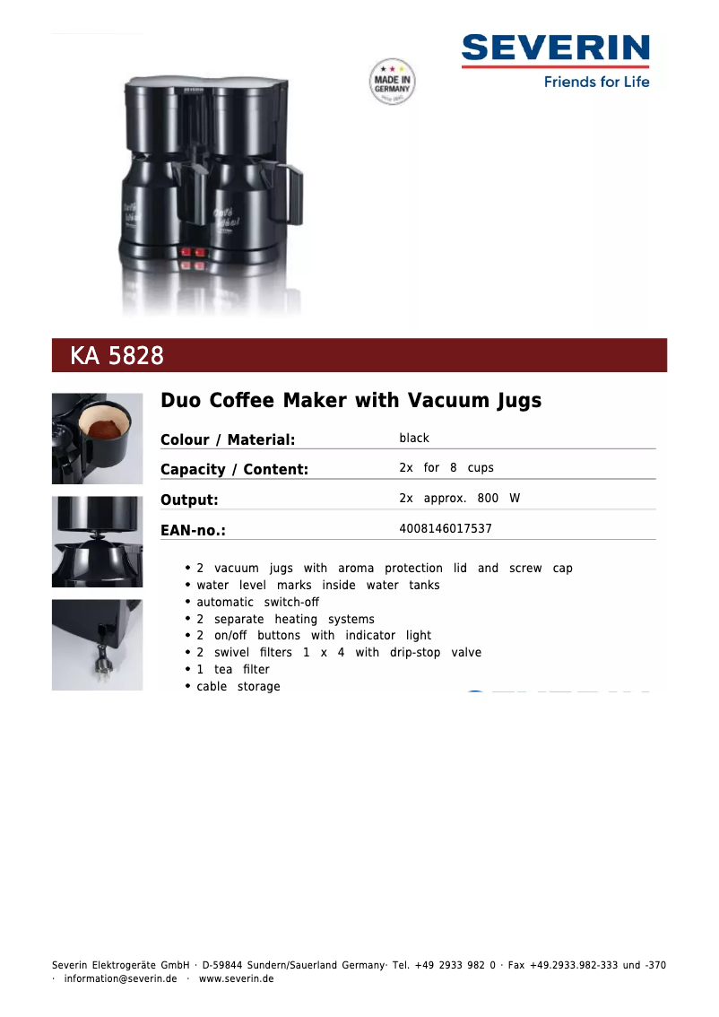 Page 1 of the manual Technical Sheet Severin KA 5828