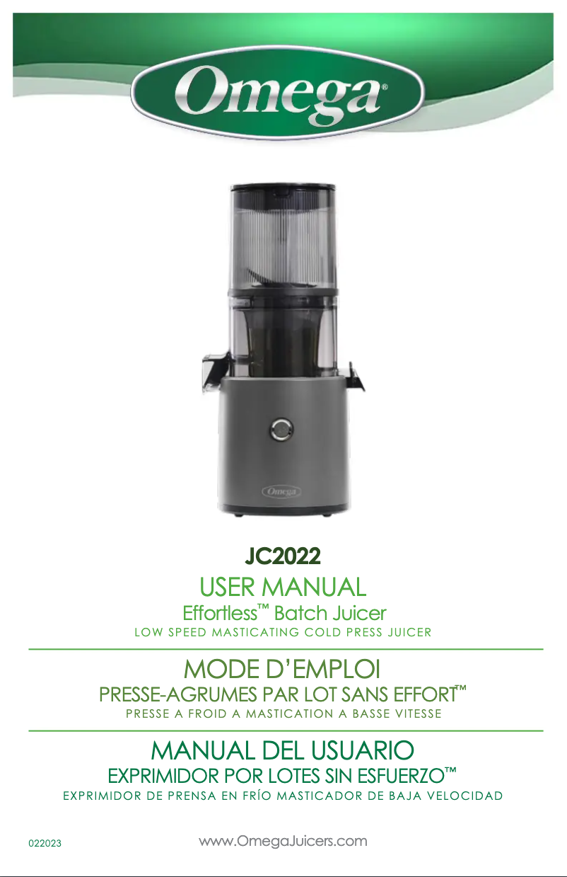 Page 1 of the manual User Manual Omega Effortless Batch Juicer JC2022