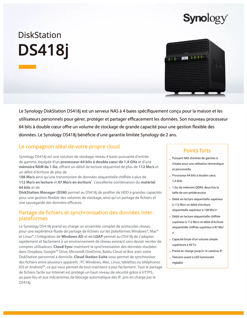 Page 1 de la notice Fiche technique Synology DiskStation DS418j