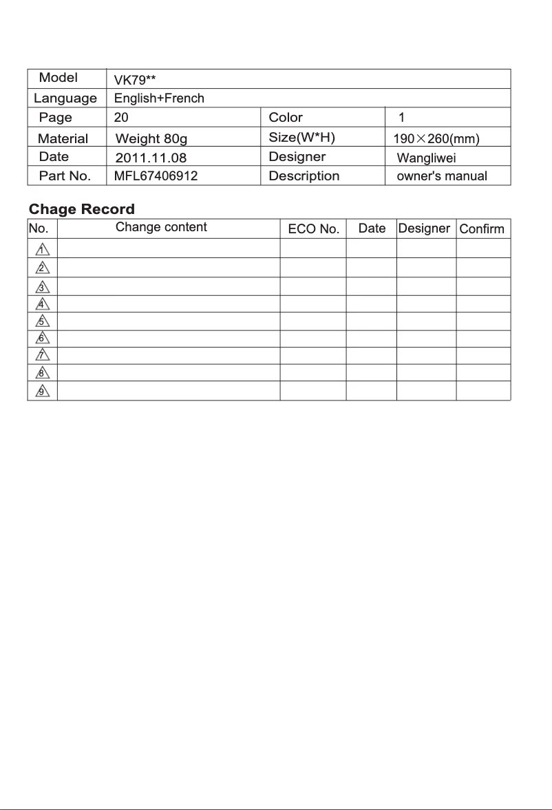 Page 1 de la notice Manuel utilisateur LG VC9068R