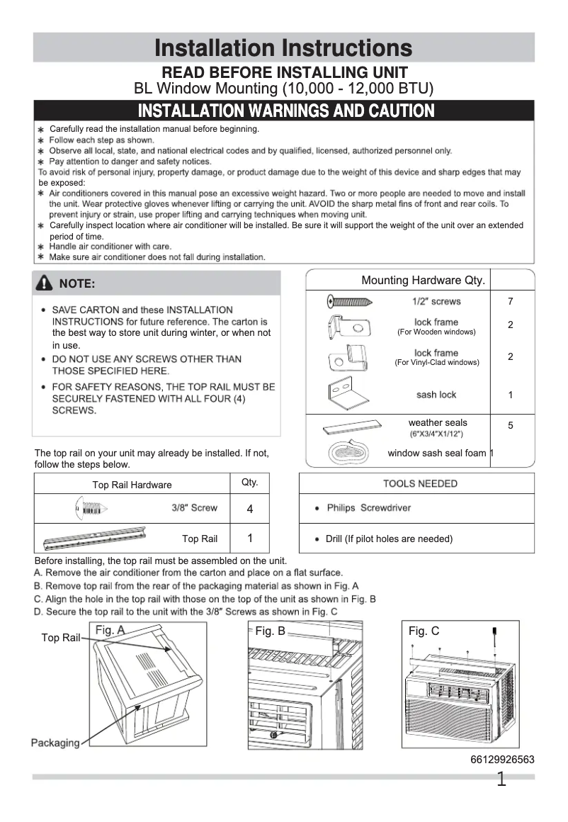Page 1 de la notice Guide d'installation Frigidaire FFRA1211UE