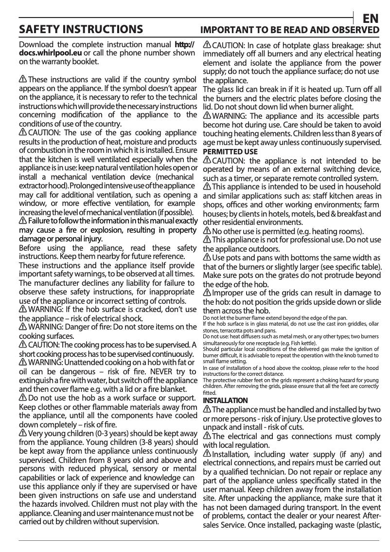 Page 1 de la notice Manuel utilisateur Whirlpool GOFL 629/NB