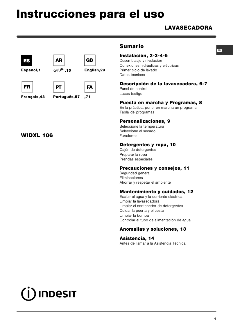 Página 1 del manual Manual de usuario Indesit WIDXL 106 (EXP)