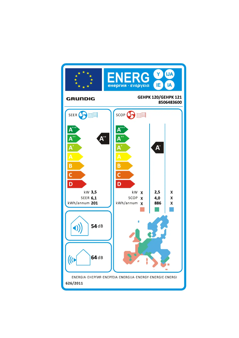 Page 1 de la notice Label énergétique Grundig GEHPK 120 / GEHPK 121