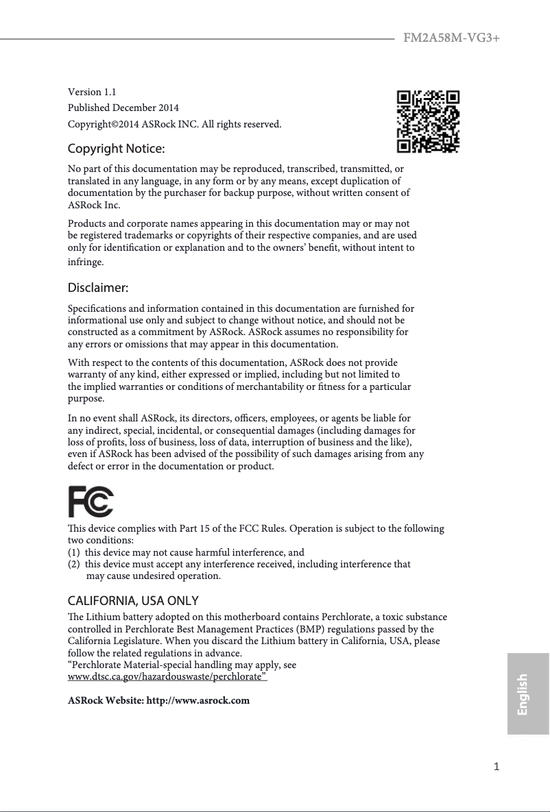 Page 1 de la notice Manuel utilisateur Asrock FM2A58M-VG3+