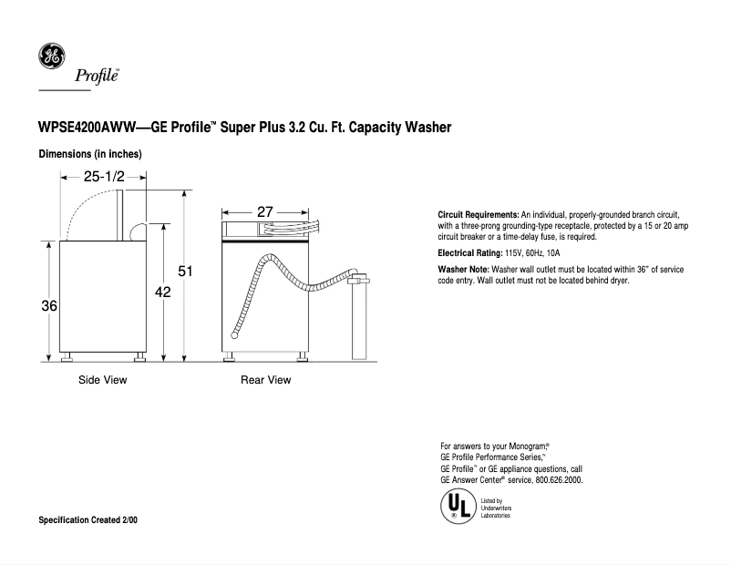 Page 1 de la notice Fiche technique GE Profile Prodigy WPSE4200ACC