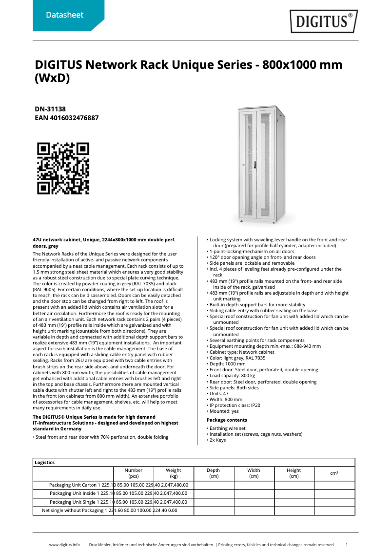 Page 1 de la notice Fiche technique Digitus DN-31138
