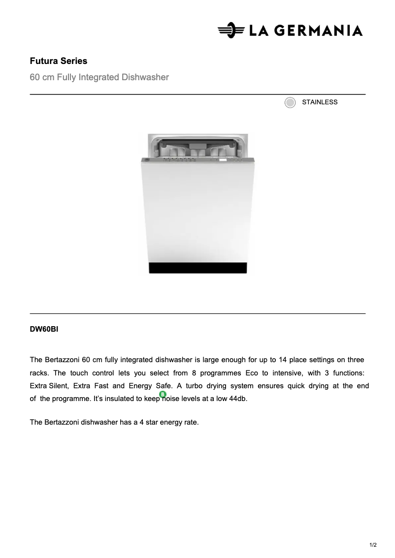 Page 1 de la notice Fiche technique Bertazzoni DW60BI