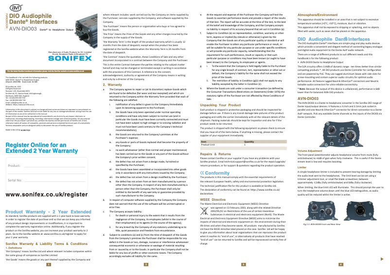 Page 1 de la notice Manuel utilisateur Sonifex AVN-DIO03
