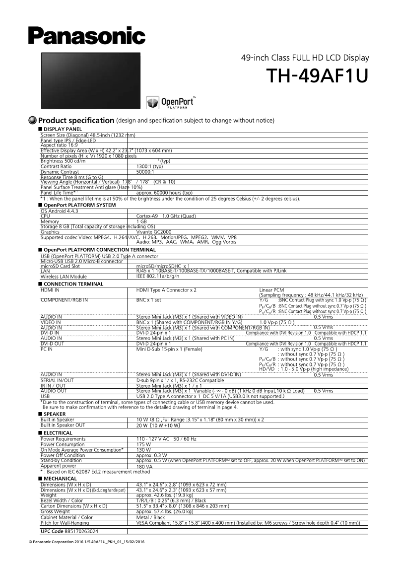 Page 1 de la notice Brochure Panasonic TH-49AF1U
