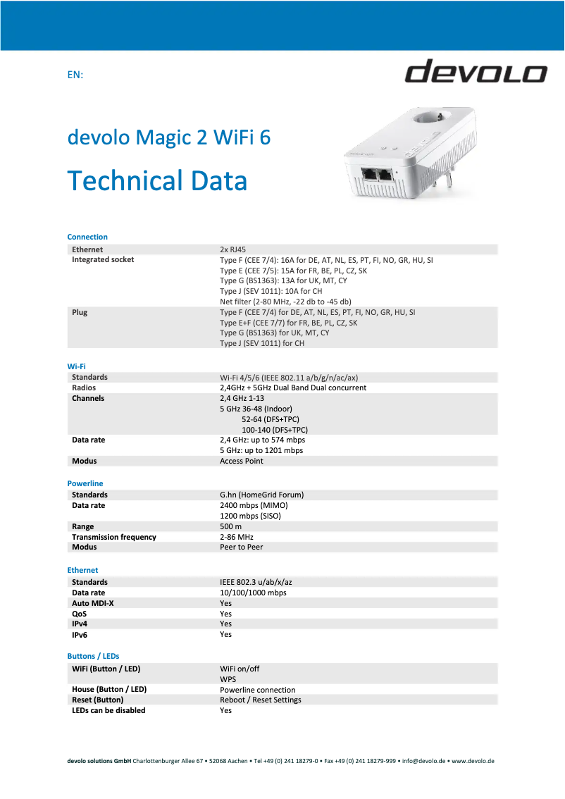 Page 1 de la notice Fiche technique Devolo Magic 2 WiFi 6