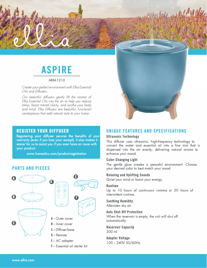 Page 1 de la notice Manuel utilisateur Homedics Ellia Aspire ARM-1210