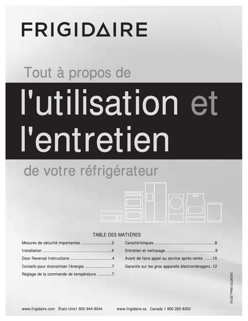 Page 1 de la notice Manuel utilisateur Frigidaire FFTR1222QM