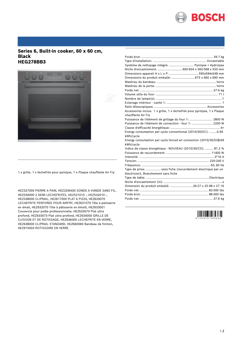 Page 1 de la notice Manuel utilisateur Bosch HEG278BB3