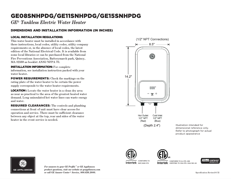 Page n°1 - Fiche technique GE GE15SNHPDG