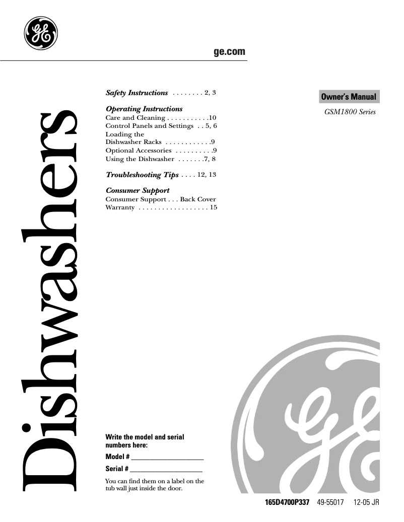 Page n°1 - Manuel d'utilisation et d'entretien GE GSM1800JBB