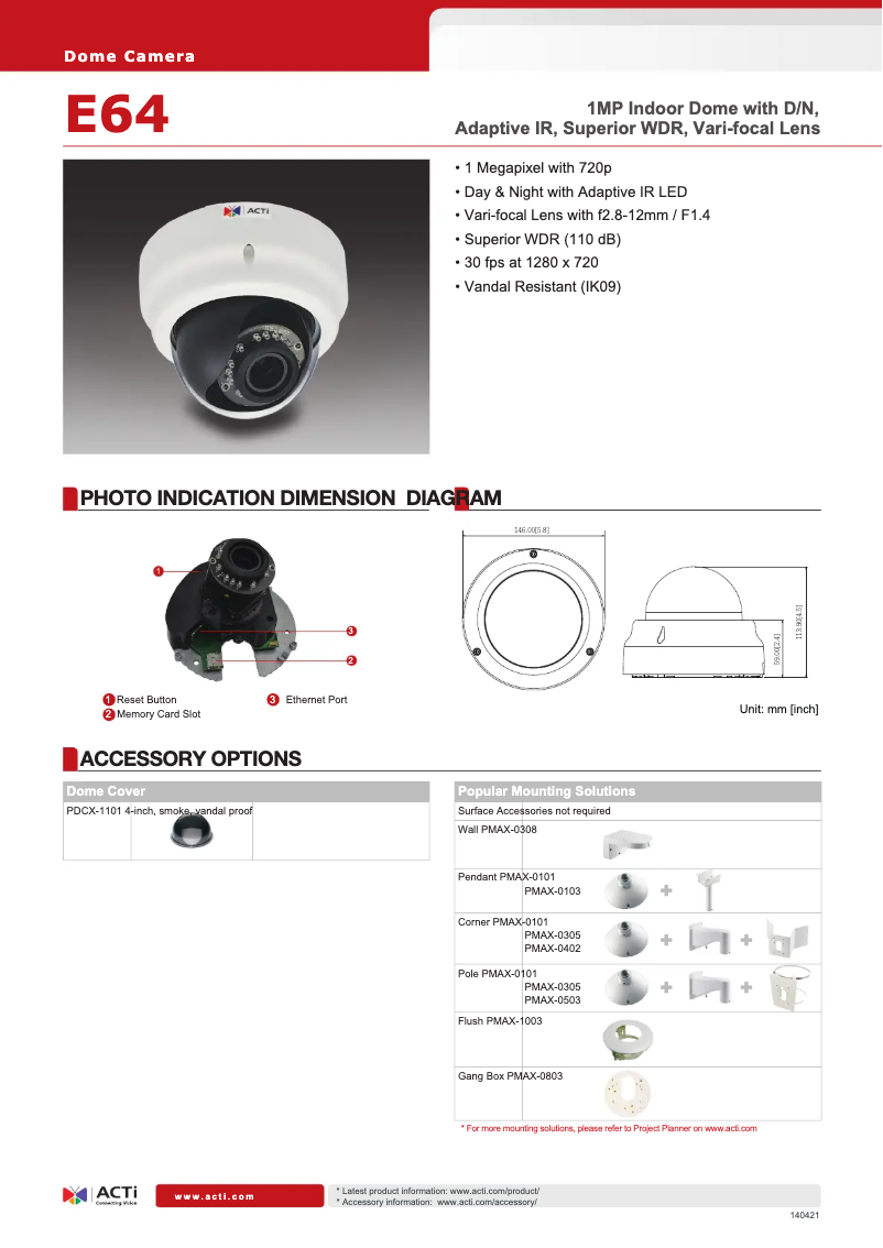 Page 1 de la notice Fiche technique ACTi E64