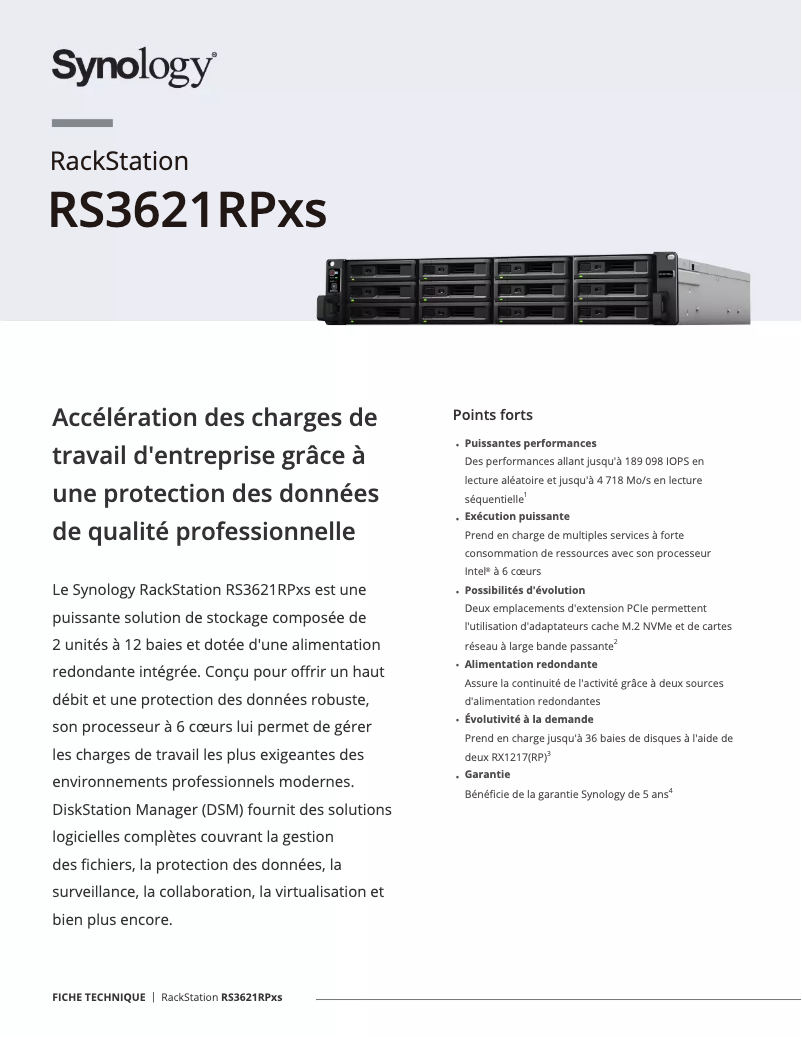Page 1 de la notice Fiche technique Synology RackStation RS3621RPXS