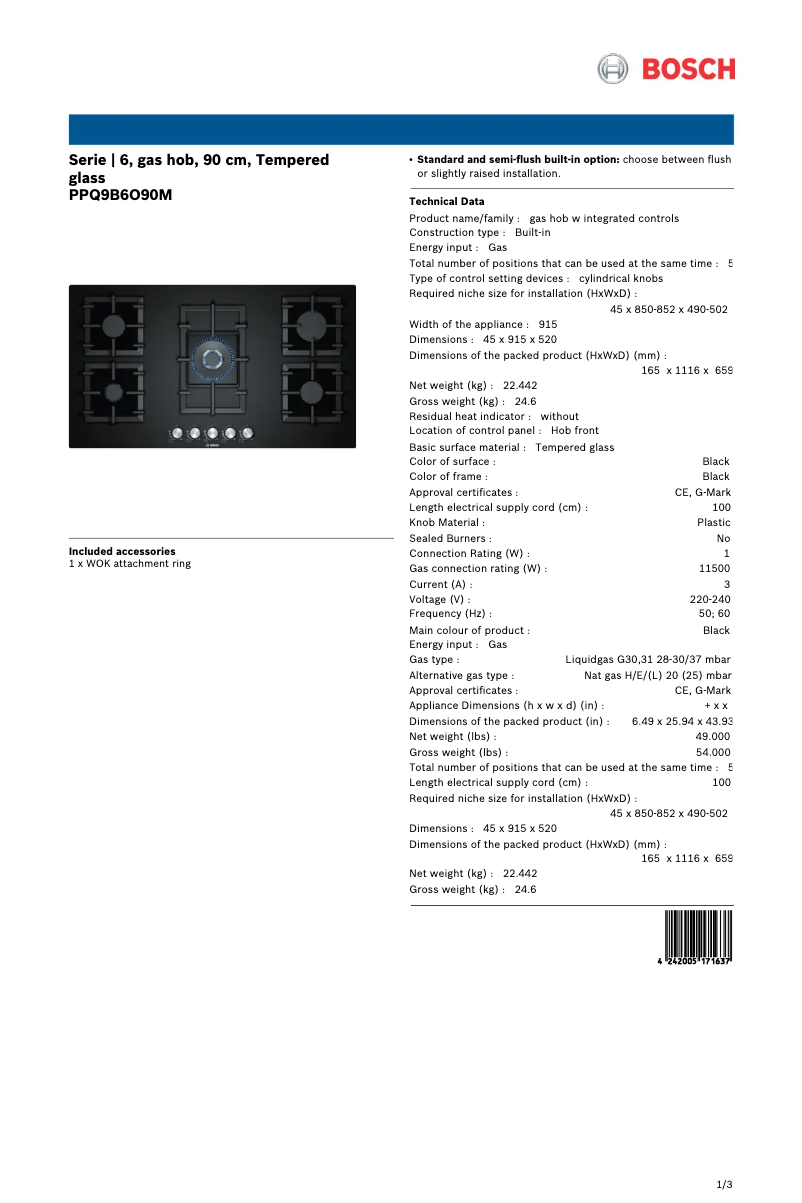 Page 1 of the manual Technical Sheet Bosch PPQ9B6O90M