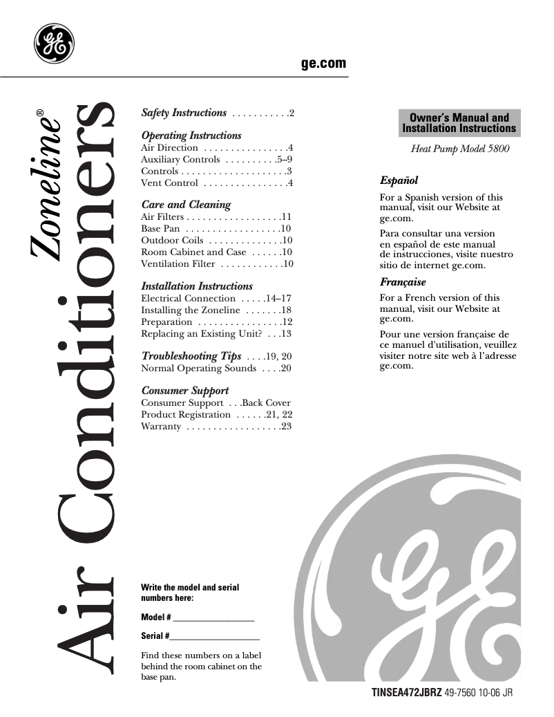 Page 1 de la notice Guide d'installation GE AZ58H09DAD