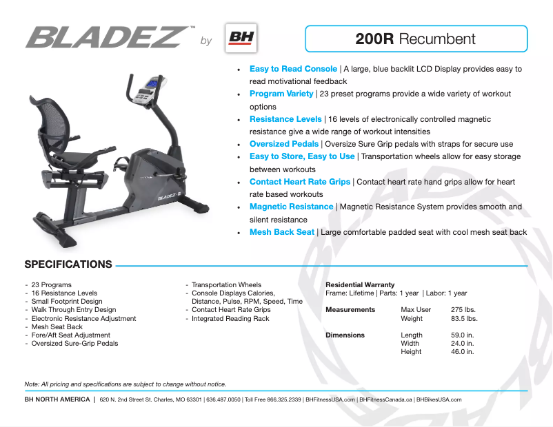 Page 1 de la notice Fiche technique Bladez 200R