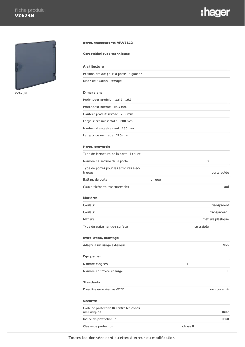 Página 1 del manual Ficha técnica Hager VZ623N