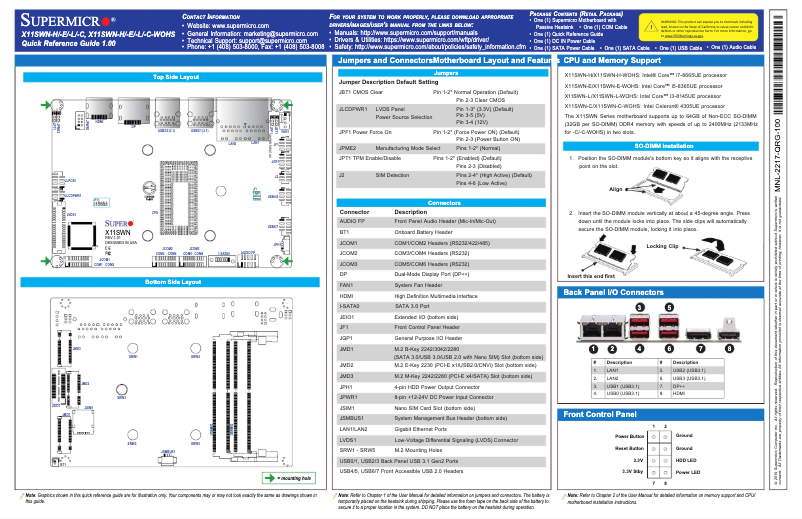 Page 1 de la notice Guide de démarrage rapide Supermicro X11SWN-C-WOHS