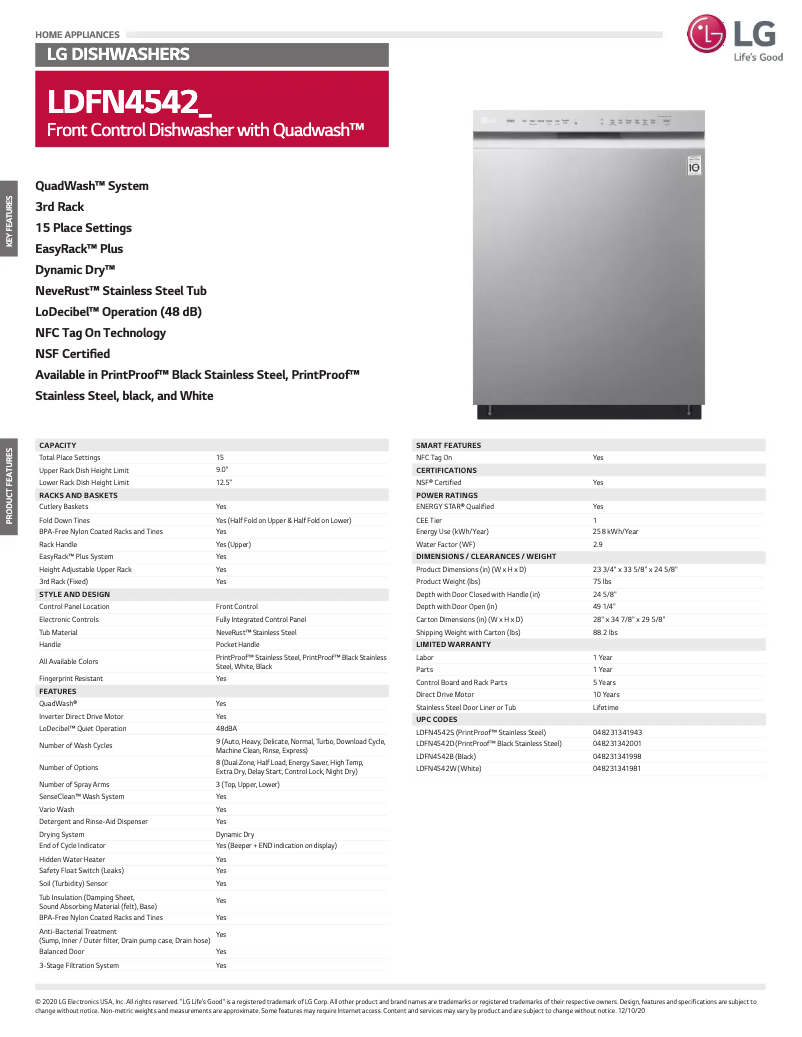 Page 1 de la notice Fiche technique LG LDFN4542S