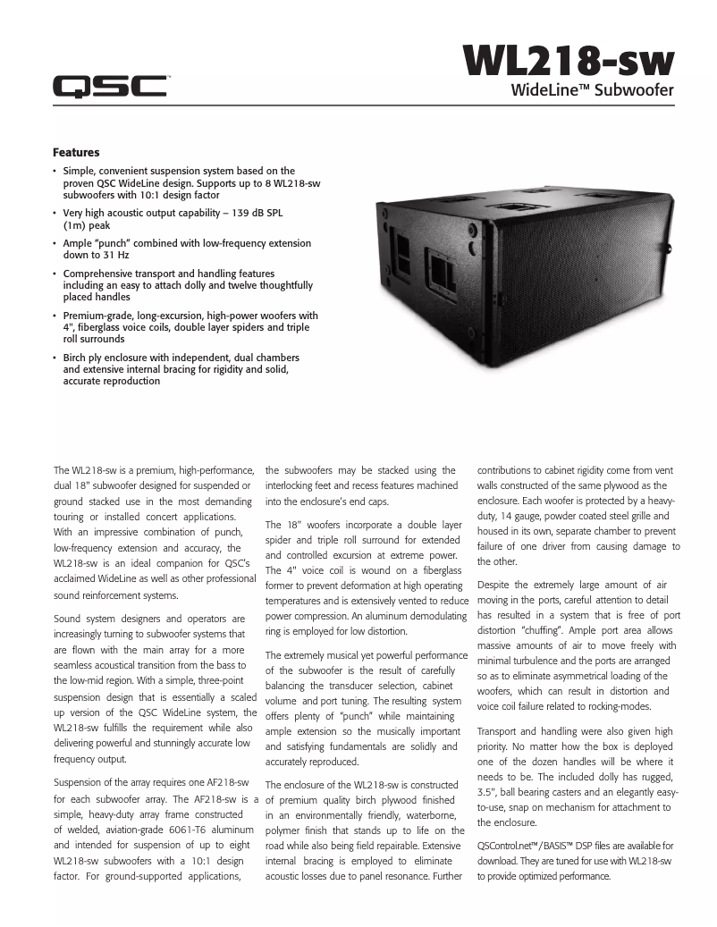 Page 1 de la notice Fiche technique QSC Wideline WL218-sw