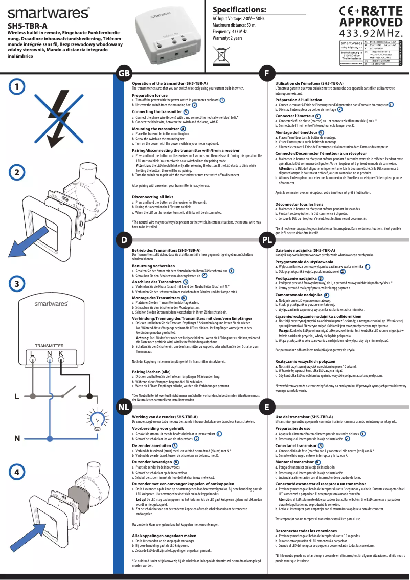 Page 1 de la notice Manuel utilisateur Smartwares SH5-TBR-A