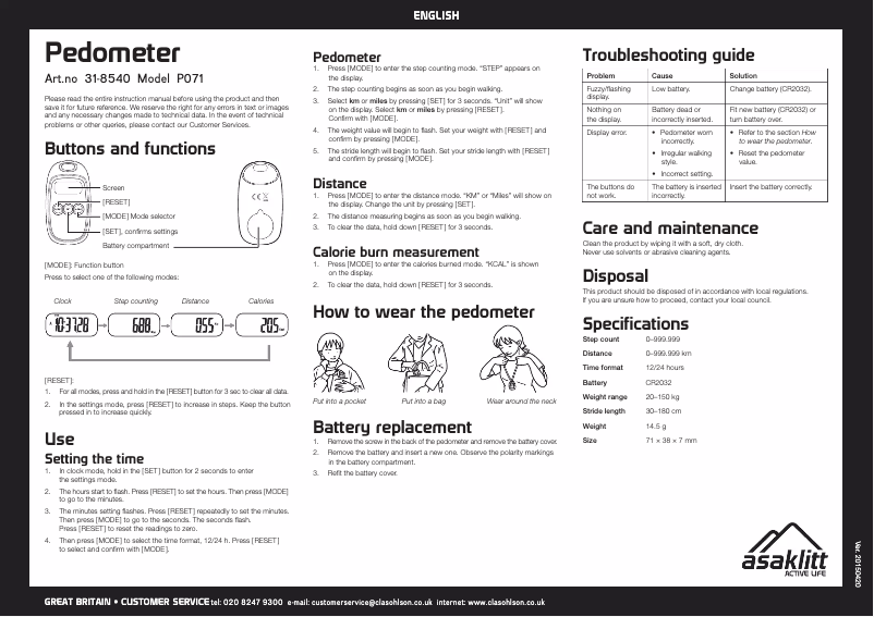 Page 1 of the manual User Manual Asaklitt P071 (31-8540)