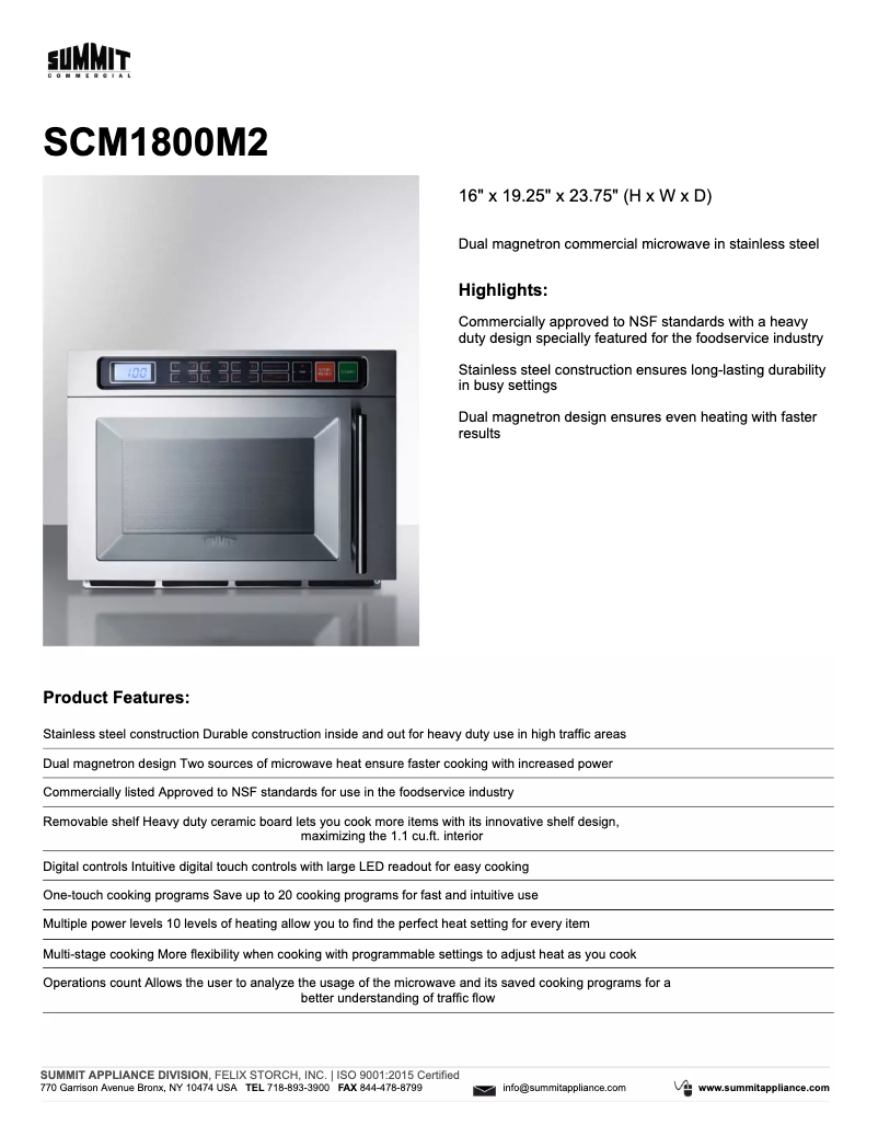 Page 1 de la notice Fiche technique Summit SCM1800M2