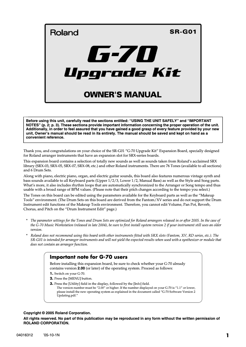 Page 1 of the manual User Manual Roland SR-G01