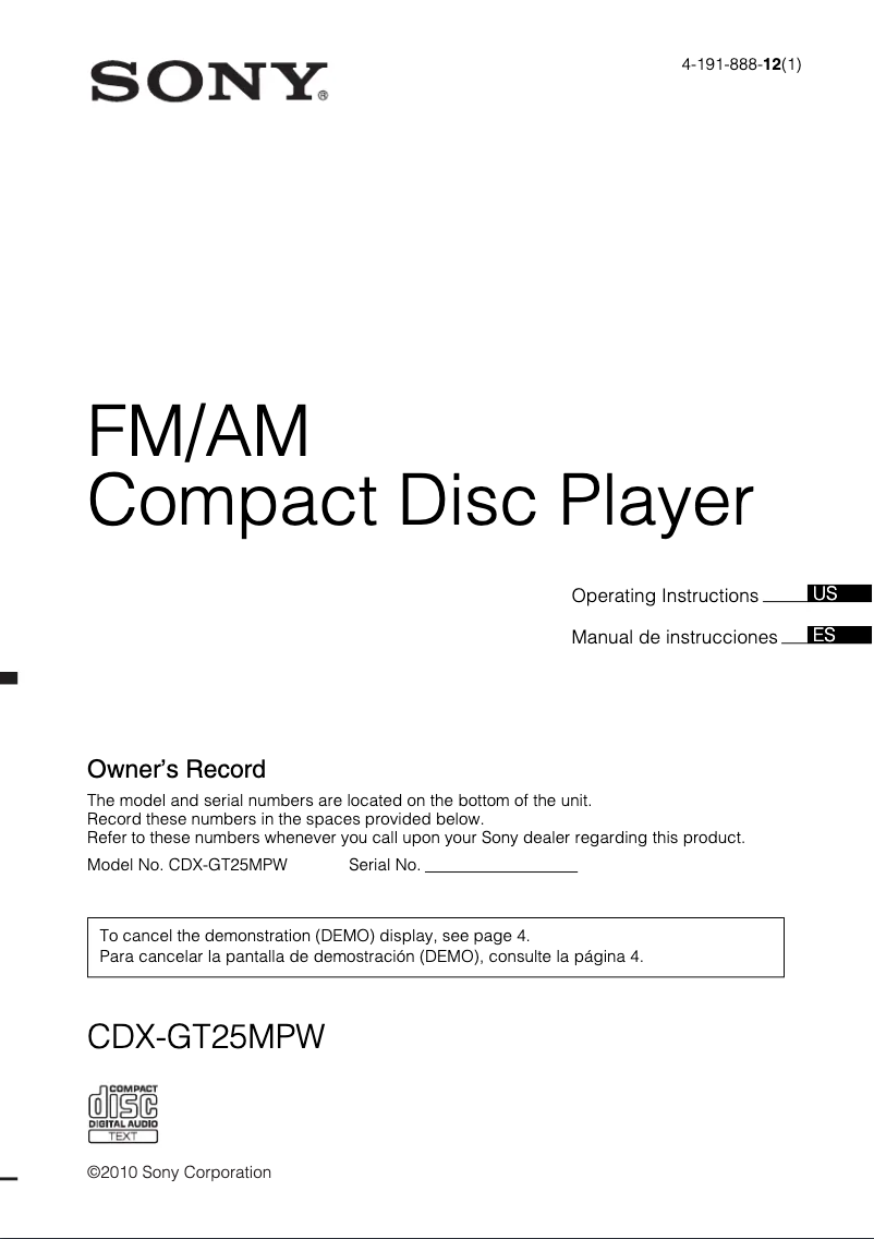 Page 1 de la notice Manuel utilisateur Sony CDX-GT25MPW