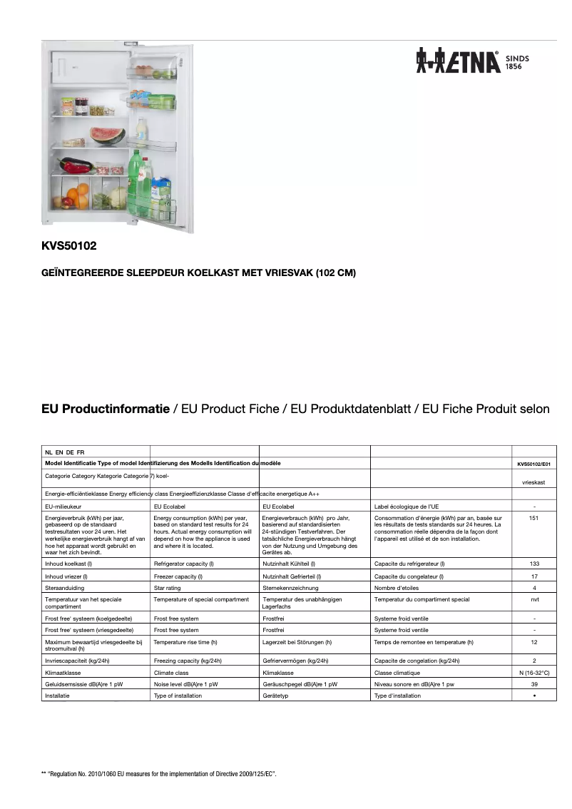 Page 1 de la notice Fiche technique Etna KVS50102