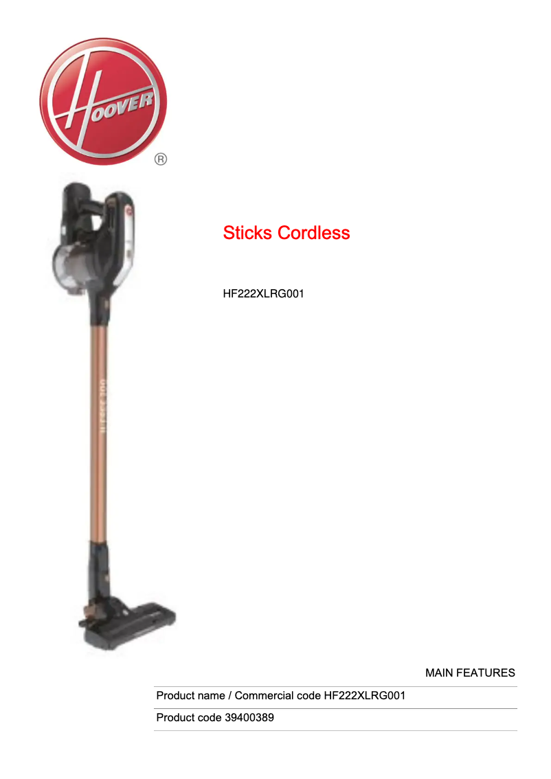 Page 1 de la notice Fiche technique Hoover H-FREE 200 HF222XLRG001