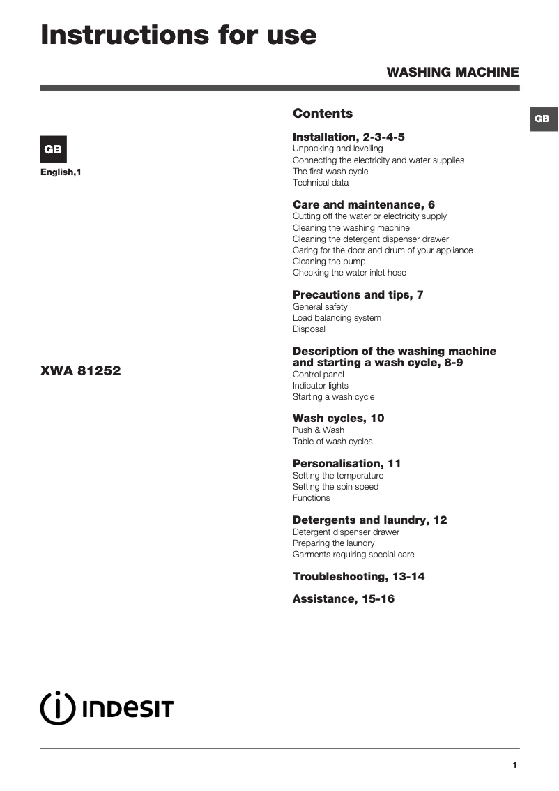 Page 1 de la notice Mode d'emploi Indesit XWA 81252X W UK