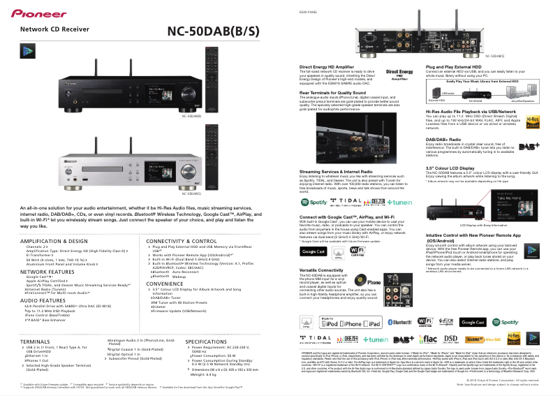 Page 1 de la notice Fiche technique Pioneer NC-50DAB