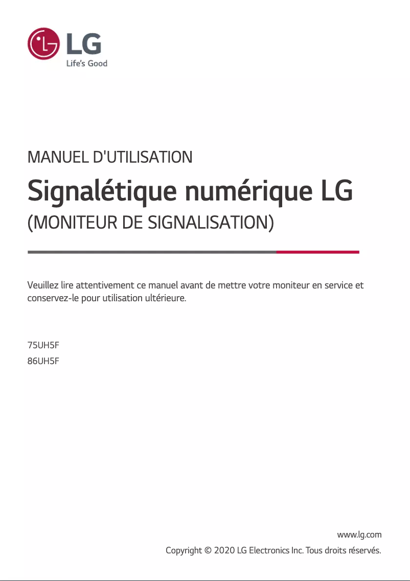 Page 1 de la notice Manuel utilisateur LG 75UH5F